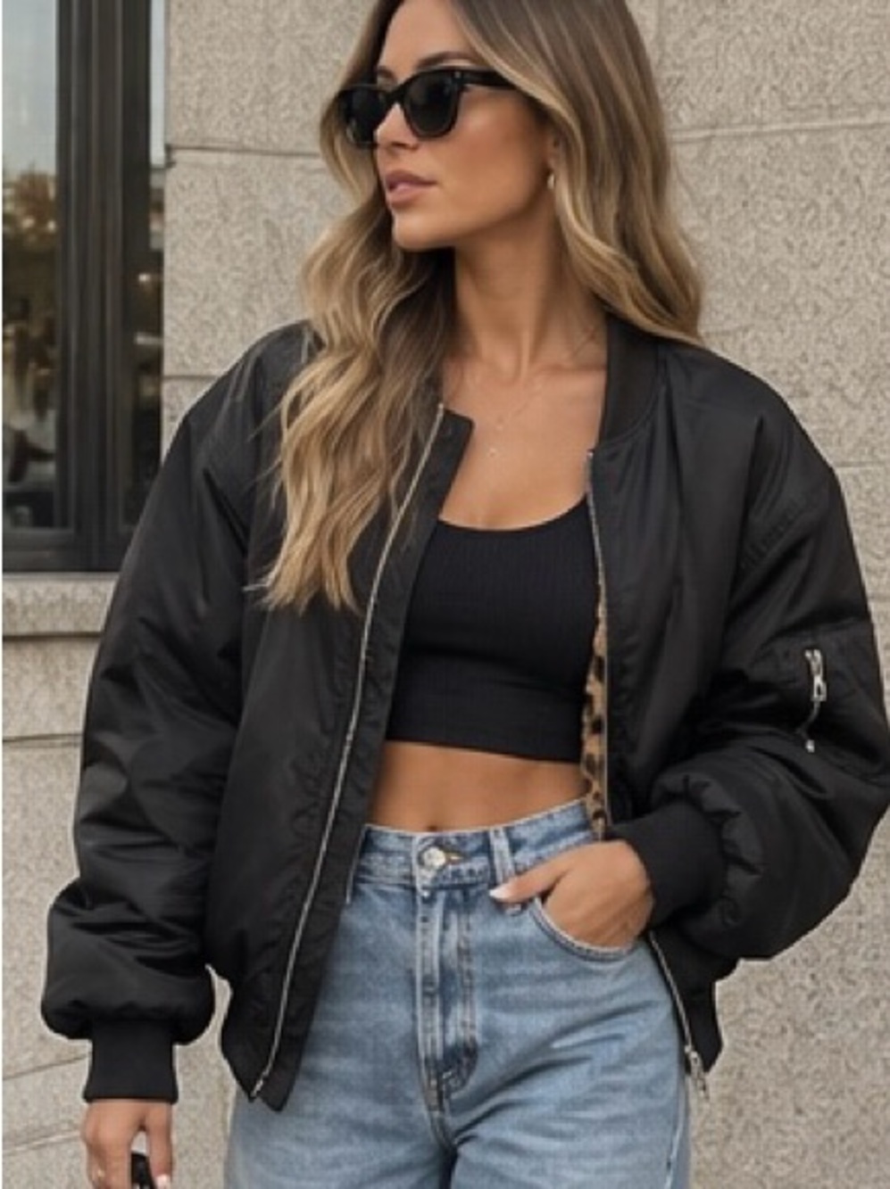 Black/ Leopard Print Faux Fur Bomber Jacket -REVERSIBLE
